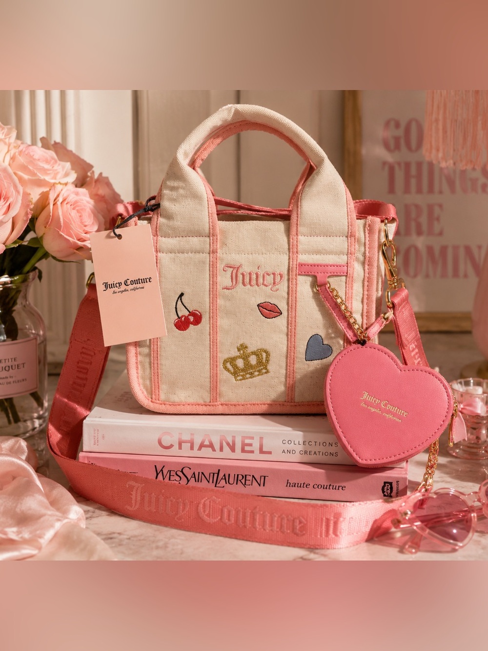 Juicy Couture Have A Juicy Day Mini Tote Crossbody Bag w/ Pink Heart Coin Purse